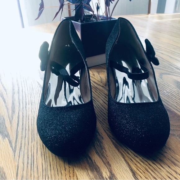 Badgley Mischka Size 4 Girls Janelle Pump Black Glitter Block Heels Rhinestones - Picture 7 of 11